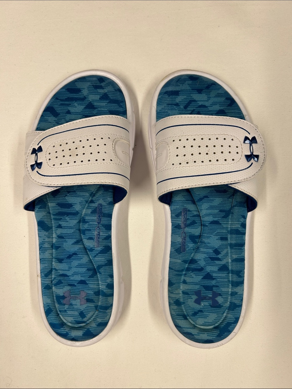 Under Armour Women’s White & Teal Patterned Slide Sandals